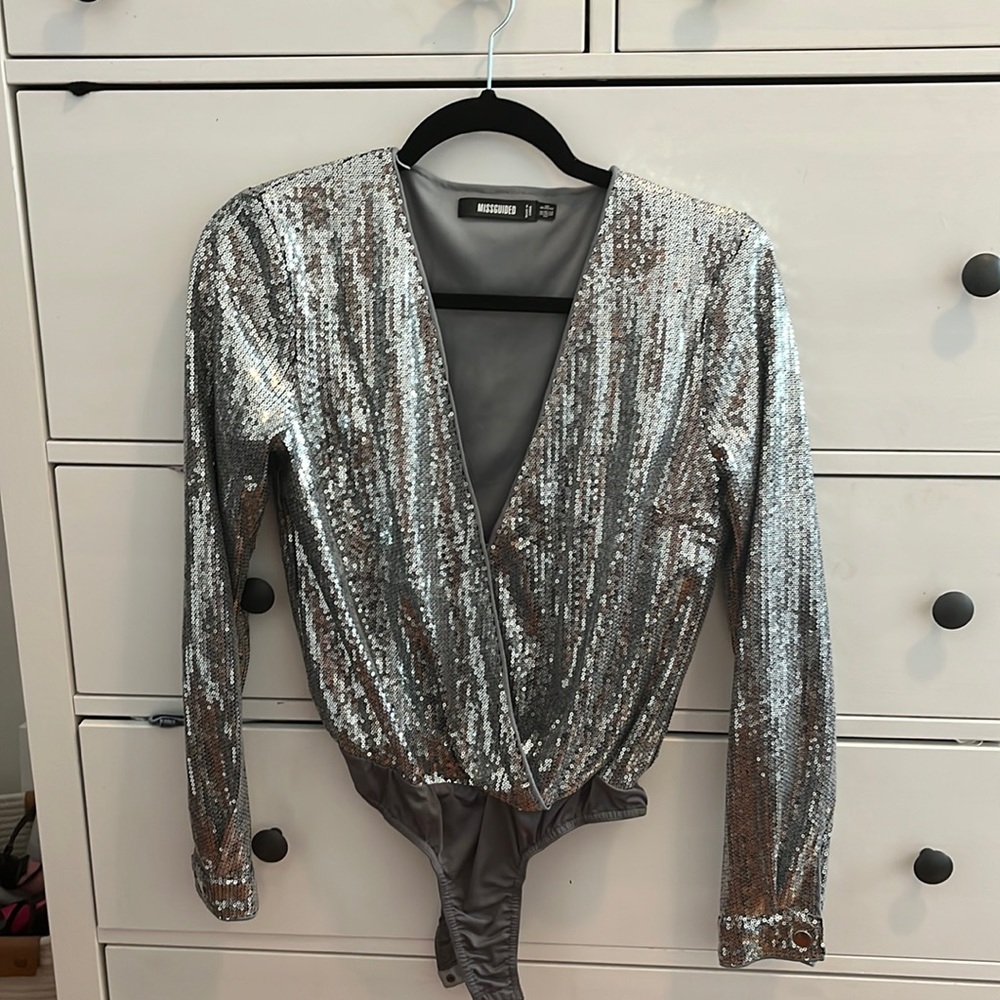 Missguided silver sequin bodysuit size 4